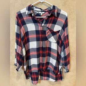 Q&A Red and Blue Plaid Button-Up Shirt size large 3/4 loose sleeve